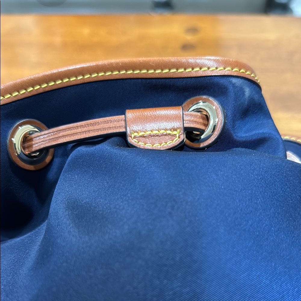 Dooney & Bourke Italian Nylon Navy and Brown Hobo Drawstring Bag - Picture 5 of 15